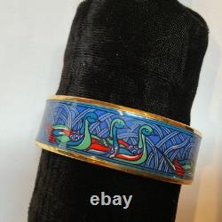 HERMES Enamel PM 65 Wide Bangle Bracelet Gold rim DUCKS Blue