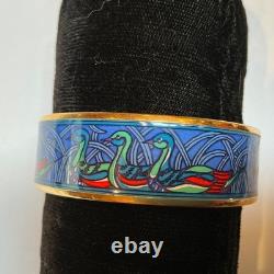 HERMES Enamel PM 65 Wide Bangle Bracelet Gold rim DUCKS Blue