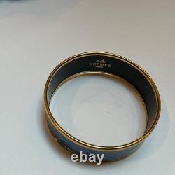 HERMES Enamel PM 65 Wide Bangle Bracelet Gold rim DUCKS Blue