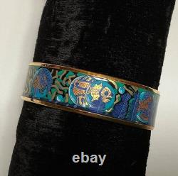 HERMES Enamel PM 65 Wide Bangle Bracelet Gold rim, FISH Blue, Black and Gold