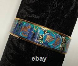 HERMES Enamel PM 65 Wide Bangle Bracelet Gold rim, FISH Blue, Black and Gold