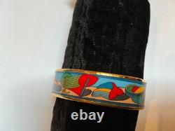 HERMES Enamel PM 65 Wide Bangle Bracelet Gold rim, THALASSA, Blue, red, green