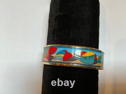 HERMES Enamel PM 65 Wide Bangle Bracelet Gold rim, THALASSA, Blue, red, green