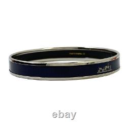 HERMES Enamel PM Bangle Bracelet Caleche Horse Palladium Plated Navy Blue with Box