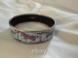 HERMES Enameled Horse Bangle Bracelet Silver Blue