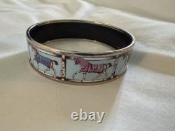 HERMES Enameled Horse Bangle Bracelet Silver Blue
