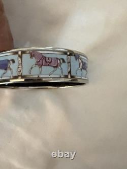 HERMES Enameled Horse Bangle Bracelet Silver Blue