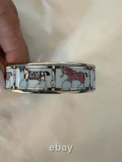 HERMES Enameled Horse Bangle Bracelet Silver Blue