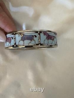 HERMES Enameled Horse Bangle Bracelet Silver Blue