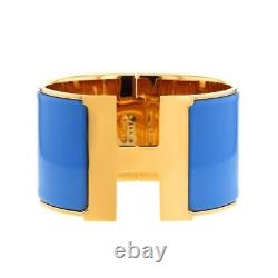 HERMES Extra WIDE Blue Enamel Rose Gold Clic H Bracelet Bangle Cuff PM Birkin