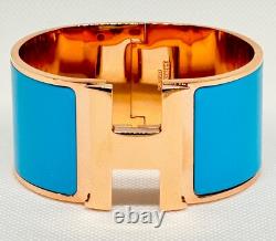 HERMES Extra WIDE Blue Enamel Rose Gold Clic H Bracelet Bangle Cuff PM Birkin