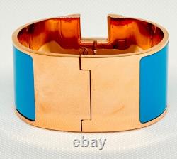 HERMES Extra WIDE Blue Enamel Rose Gold Clic H Bracelet Bangle Cuff PM Birkin