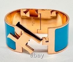HERMES Extra WIDE Blue Enamel Rose Gold Clic H Bracelet Bangle Cuff PM Birkin
