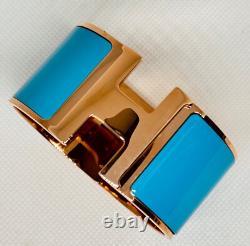 HERMES Extra WIDE Blue Enamel Rose Gold Clic H Bracelet Bangle Cuff PM Birkin