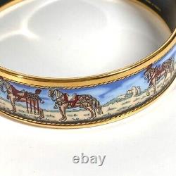 HERMES GM Bracelet Bangle Horse Blue Enamel Gold Plated Rare Vintage Excellent+