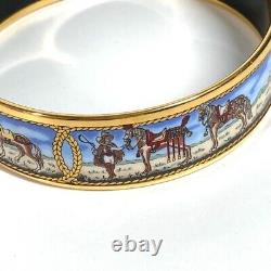 HERMES GM Bracelet Bangle Horse Blue Enamel Gold Plated Rare Vintage Excellent+
