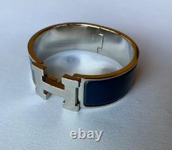 HERMES PM size Navy Blue Enamel Palladium HW Clic Clac H Bangle Bracelet
