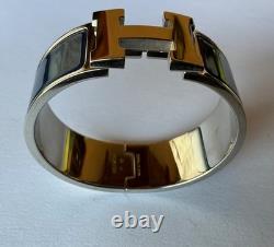 HERMES PM size Navy Blue Enamel Palladium HW Clic Clac H Bangle Bracelet