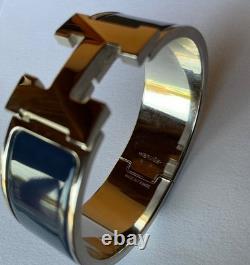 HERMES PM size Navy Blue Enamel Palladium HW Clic Clac H Bangle Bracelet