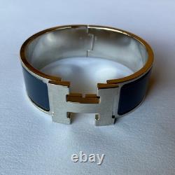 HERMES PM size Navy Blue Enamel Palladium HW Clic Clac H Bangle Bracelet