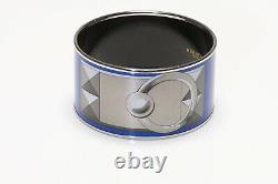 HERMES Paris Extra Wide Blue Enamel Collier de Chien Pattern Bangle Bracelet