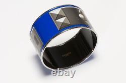 HERMES Paris Extra Wide Blue Enamel Collier de Chien Pattern Bangle Bracelet