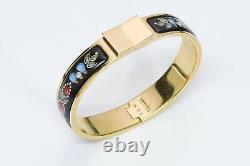 HERMES Paris Gold Plated Black Red Blue Enamel Clic Clac Bangle Bracelet PM