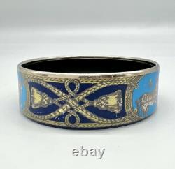 HERMES Paris Silver Plated Blue Enamel Horse Equestrian Bangle Bracelet