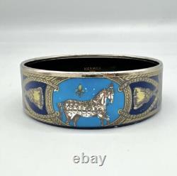 HERMES Paris Silver Plated Blue Enamel Horse Equestrian Bangle Bracelet