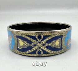 HERMES Paris Silver Plated Blue Enamel Horse Equestrian Bangle Bracelet