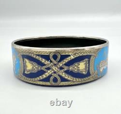 HERMES Paris Silver Plated Blue Enamel Horse Equestrian Bangle Bracelet