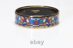 HERMES Paris Wide Blue Enamel American Indian Pattern Bangle Bracelet