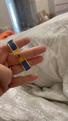 HERMES Paris Wide Gold Plated Blue Enamel Clic Clac H Bracelet Barely Worn