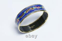 HERMES Paris Wide Gold Plated Blue Enamel Comb Pattern Bangle Bracelet