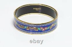 HERMES Paris Wide Gold Plated Blue Enamel Comb Pattern Bangle Bracelet