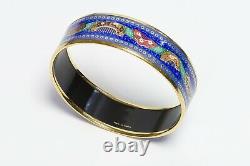 HERMES Paris Wide Gold Plated Blue Enamel Comb Pattern Bangle Bracelet