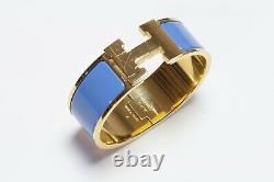 HERMES Paris Wide Gold Plated Blue Enamel H Clic Clac Bangle Bracelet PM