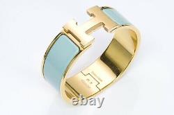 HERMES Paris Wide Gold Plated Turquoise Enamel H Clic Clac Bangle Bracelet PM