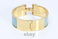 HERMES Paris Wide Gold Plated Turquoise Enamel H Clic Clac Bangle Bracelet PM