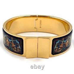 HERMES Vintage Enamel GM Bangle Bracelet Gold Blue Horse Women withBox Auth R0003