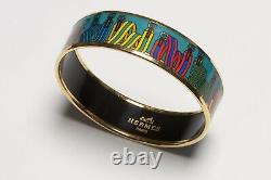 HERMES Wide Blue Red Enamel Ribbon Buckle Equestrian J. Metz Bangle Bracelet