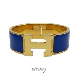 HERMES Wide Clic Clac H Bracelet Blue Enamel Yellow Gold Plated