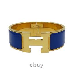 HERMES Wide Clic Clac H Bracelet Blue Enamel Yellow Gold Plated