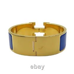 HERMES Wide Clic Clac H Bracelet Blue Enamel Yellow Gold Plated