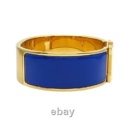 HERMES Wide Clic Clac H Bracelet Blue Enamel Yellow Gold Plated