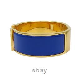 HERMES Wide Clic Clac H Bracelet Blue Enamel Yellow Gold Plated