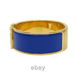 HERMES Wide Clic Clac H Bracelet Blue Enamel Yellow Gold Plated