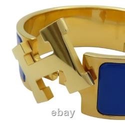 HERMES Wide Clic Clac H Bracelet Blue Enamel Yellow Gold Plated