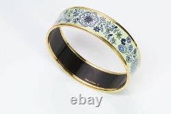 HERMES Wide Gold Plated Green Blue Flower Enamel Bangle Bracelet