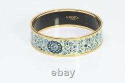 HERMES Wide Gold Plated Green Blue Flower Enamel Bangle Bracelet